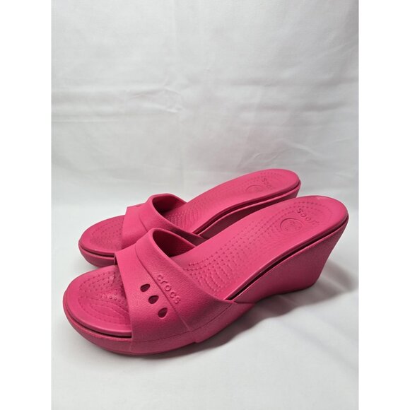 Crocs Womens Kadee Sandal Size 9 Hot Pink Slide Wedge Heel Mule Beach Pool Shoe - Picture 5 of 10